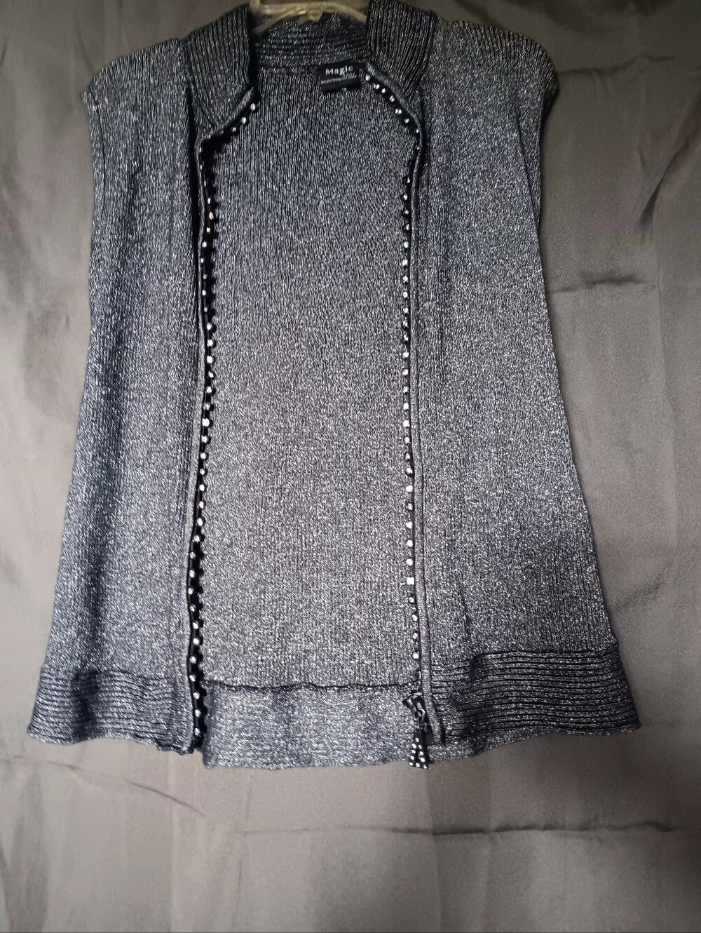 Magic Metallic Black And Silver Cardigan. Rib- Knit Fabric With Crystal Beads.